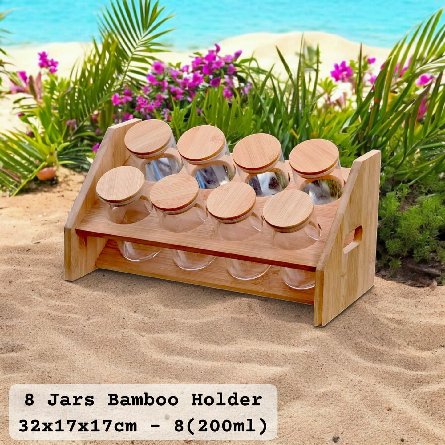 Bamboo spice rack with 8 jars