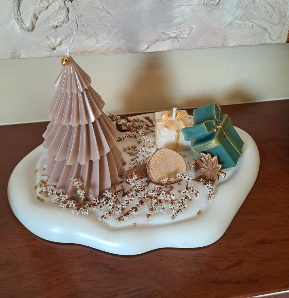 Concrete tray with a candle tree and accessories
