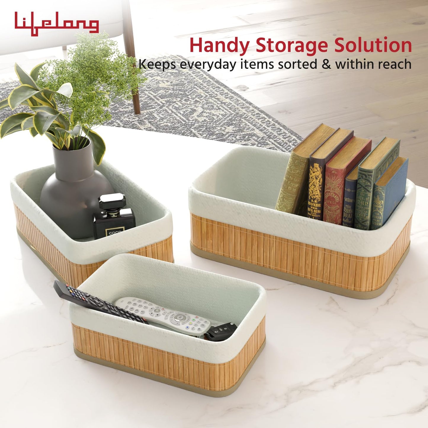 Bamboo and fabric baskets set