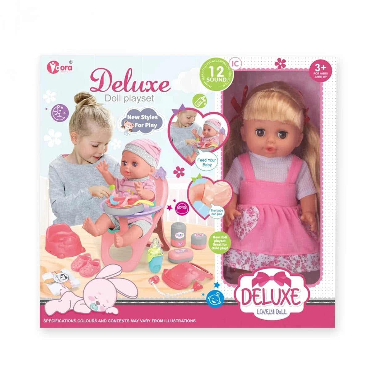 Doll set with high chair and accessories