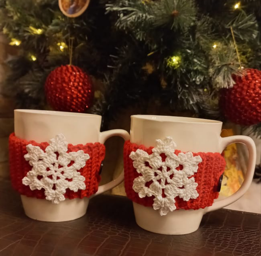 White mug with crochet cover