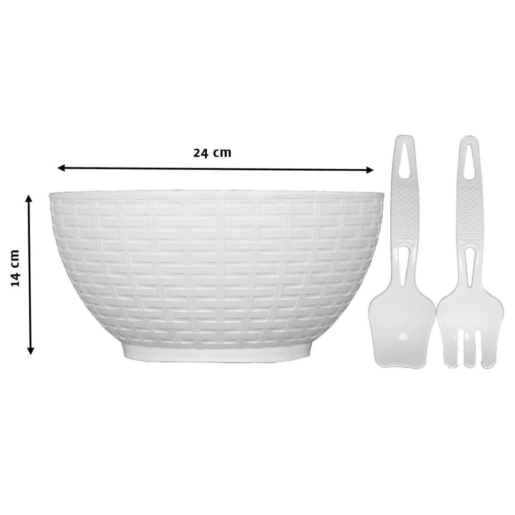 Plastic salad bowl with spoon and fork