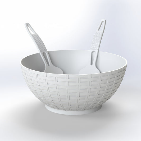 Plastic salad bowl with spoon and fork