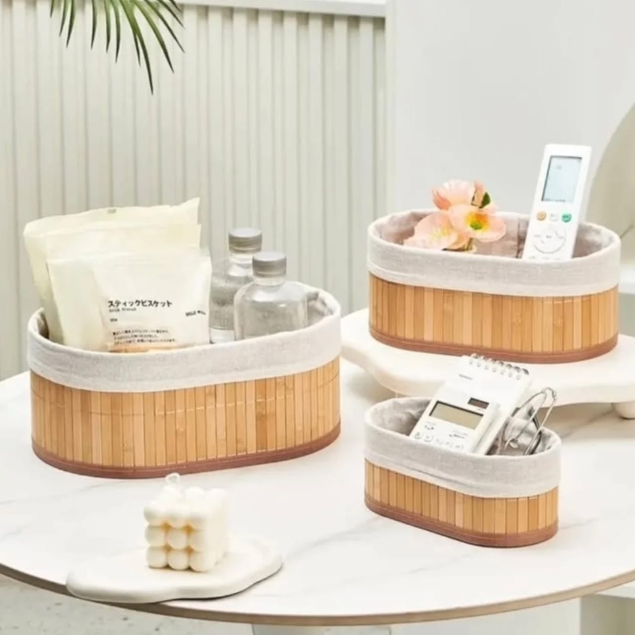 Bamboo and fabric baskets set