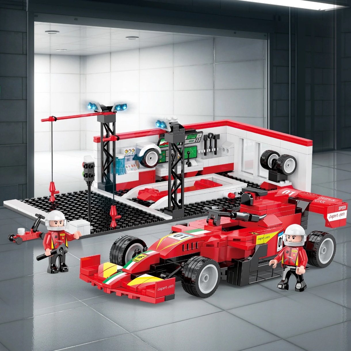 Racing car garage blocks set