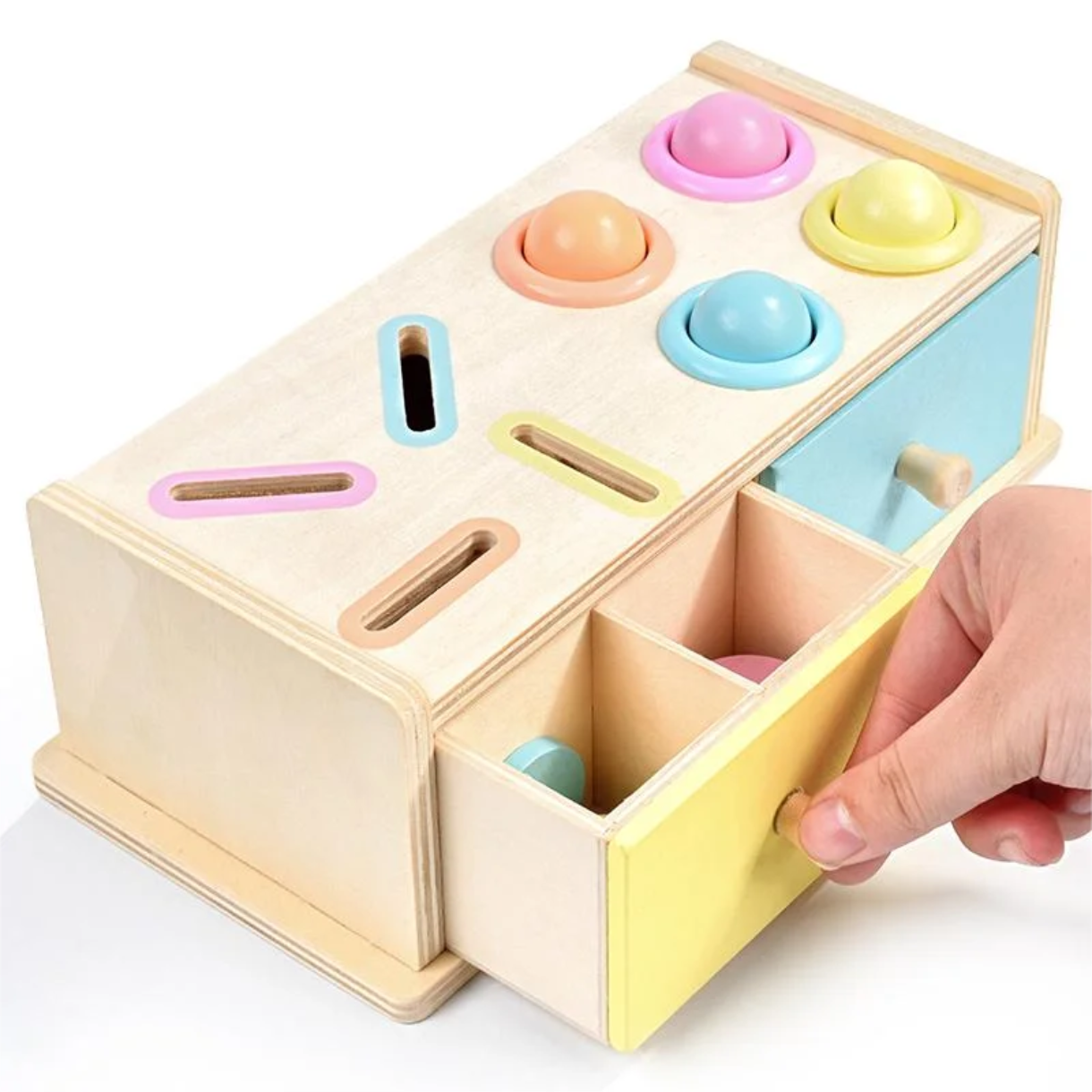Wooden Montessori hammer and coin box