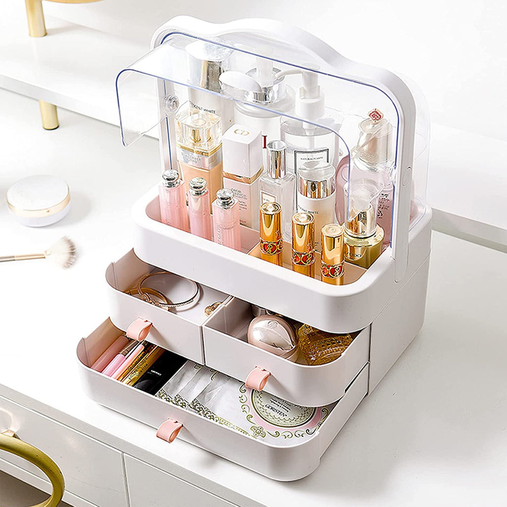 Cosmetic organizer with lid and handle