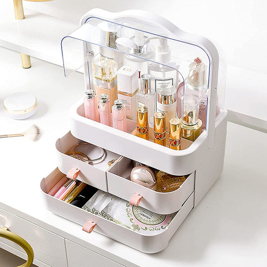 Cosmetic organizer with lid and handle