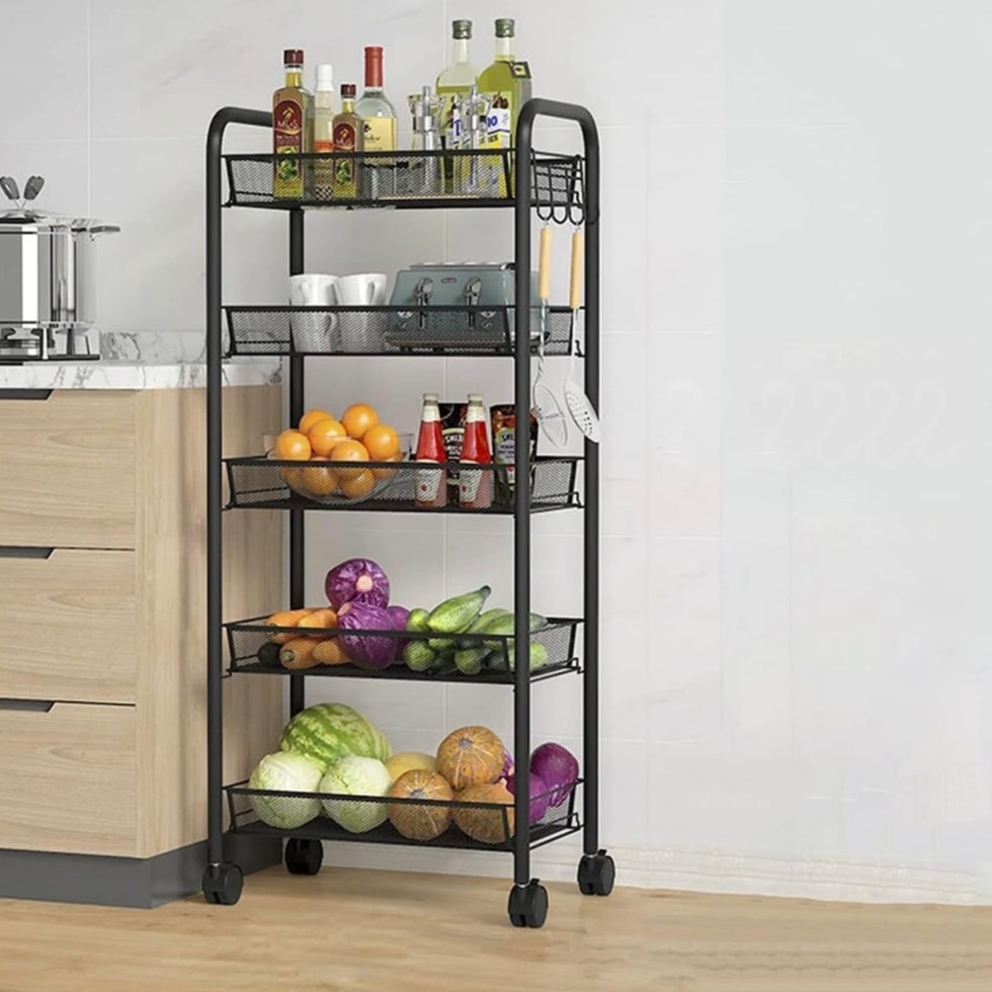 5 racks black metal trolley