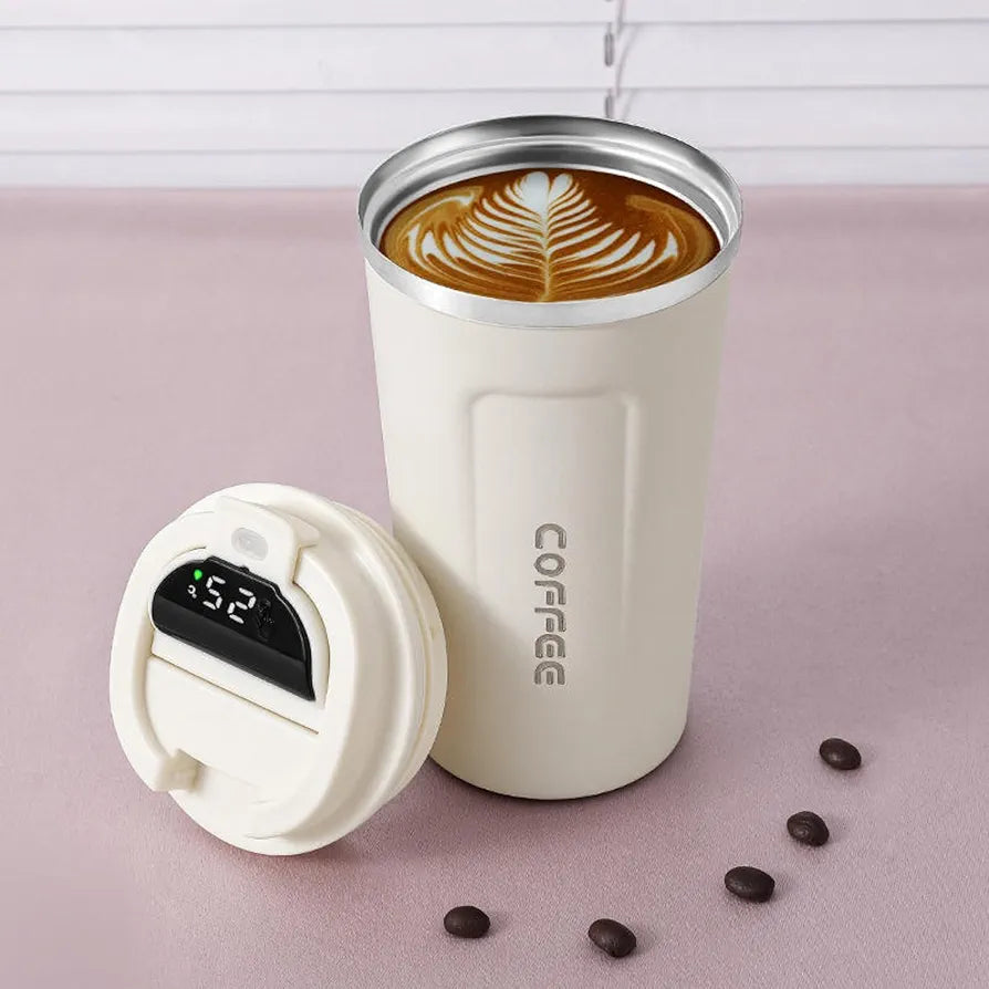 Stainless steel mug with temperature display