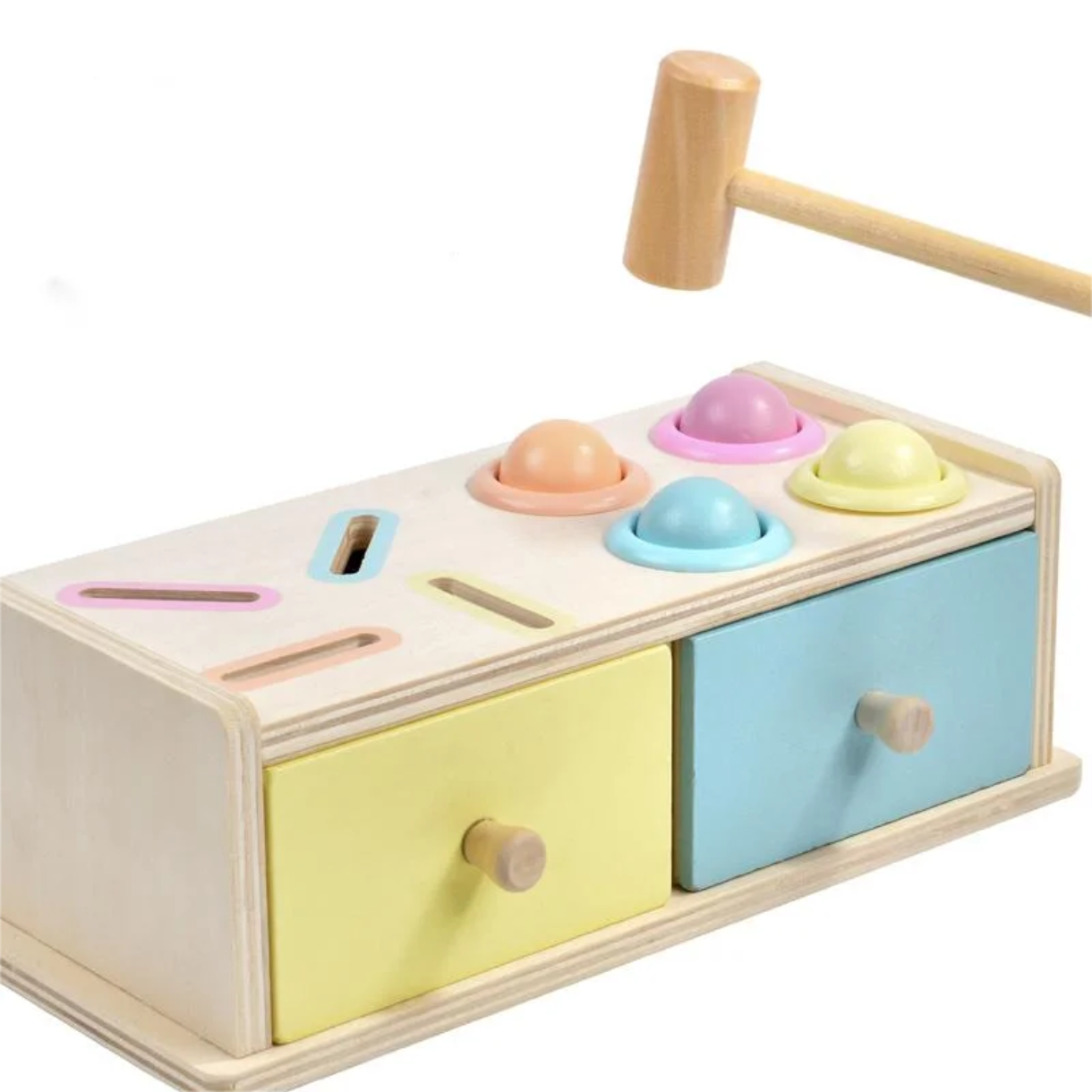 Wooden Montessori hammer and coin box