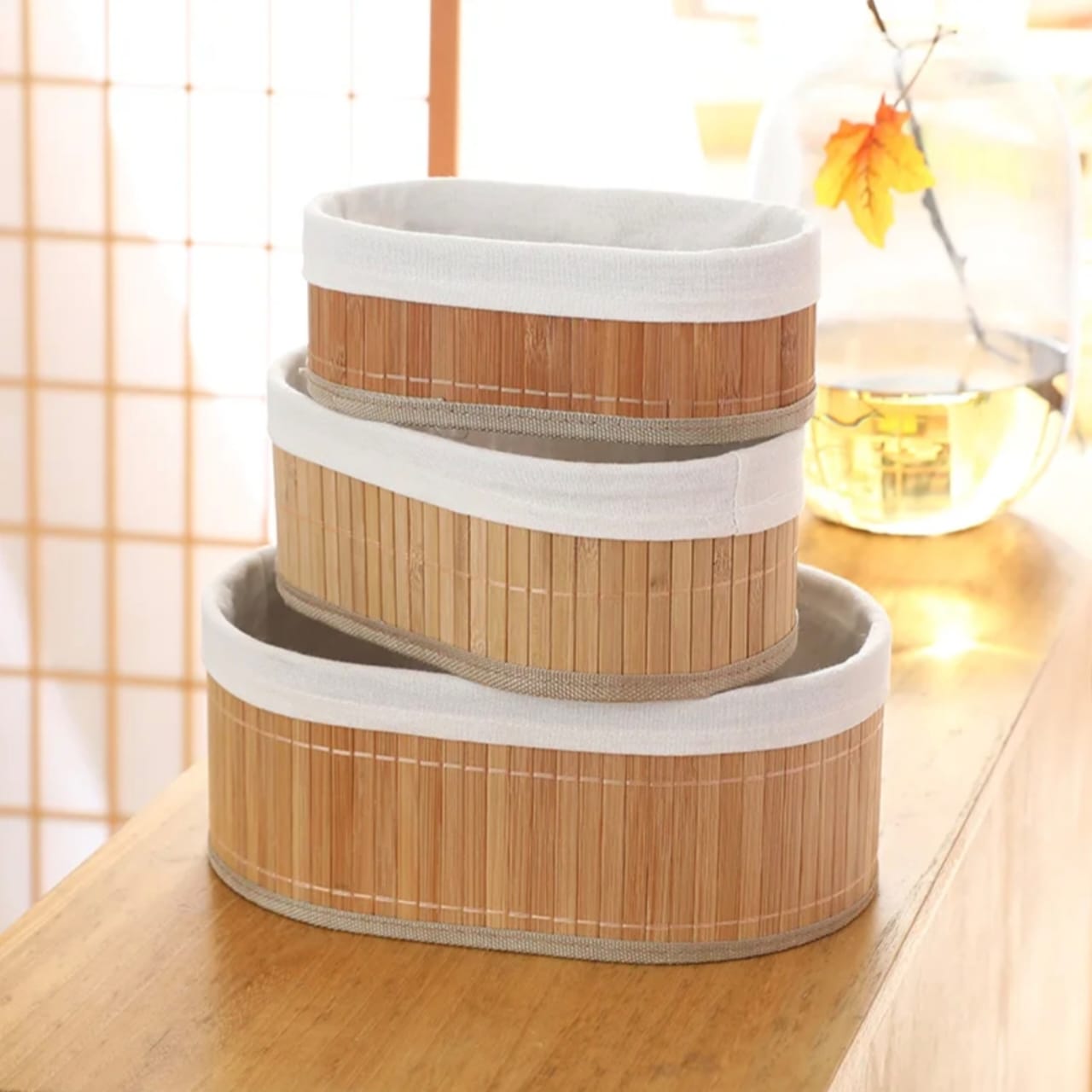 Bamboo and fabric baskets set
