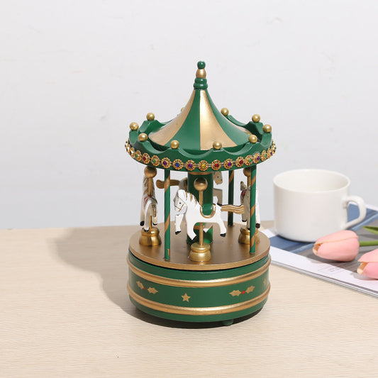 Vintage carousel music box - green and gold