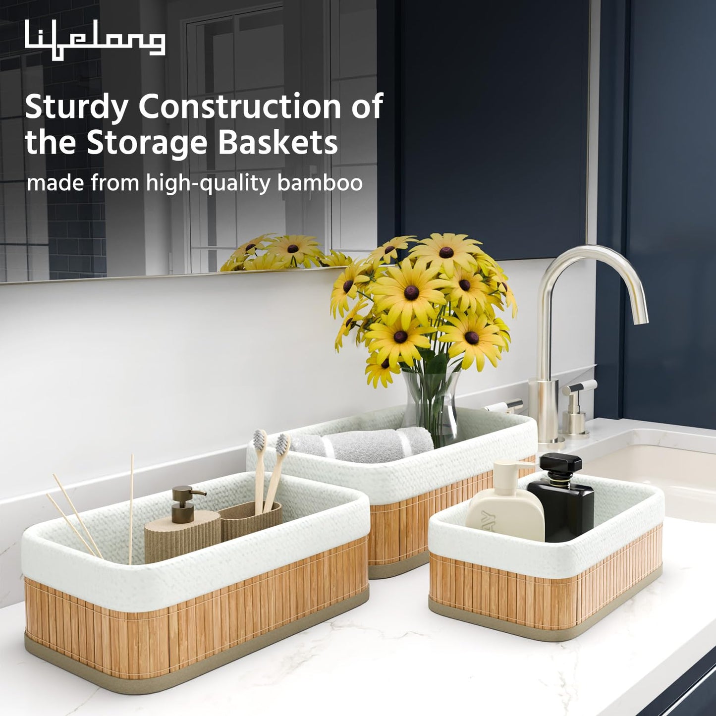 Bamboo and fabric baskets set