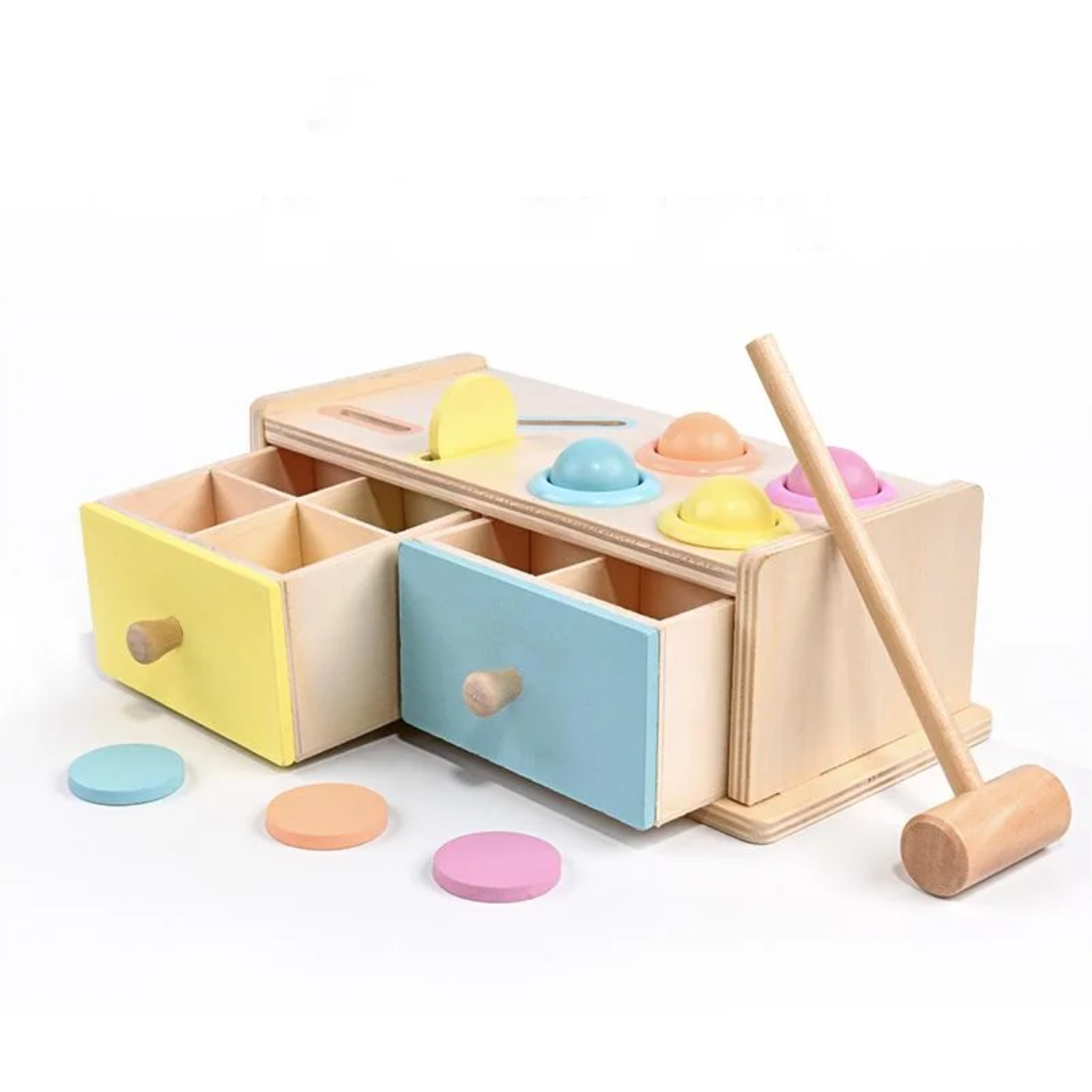 Wooden Montessori hammer and coin box
