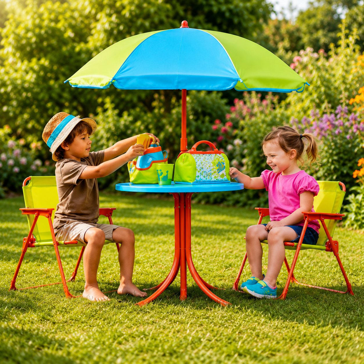 Kids table with chairs and parasol